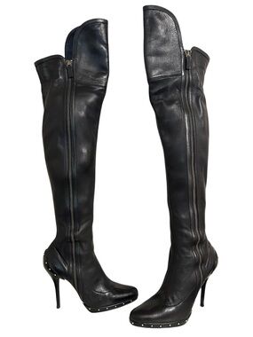 GUCCI TOM FORD Era Black Leather Studded Platform Thigh High OTK Runway Boots